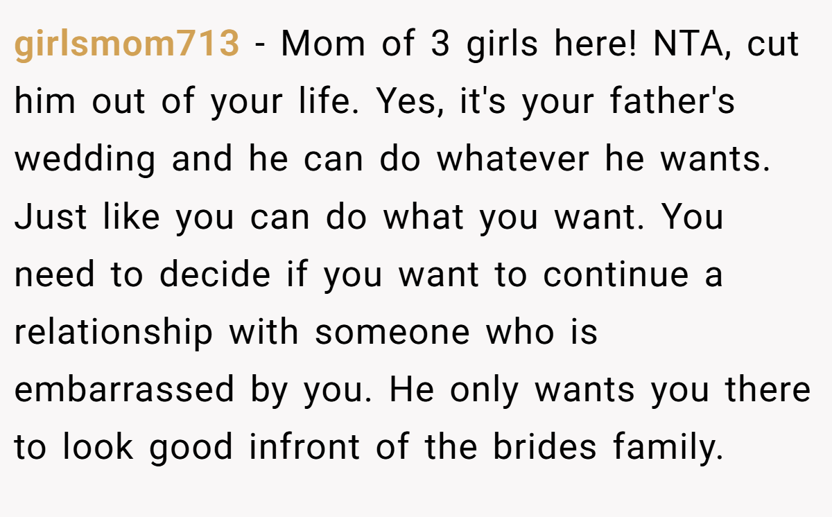girlsmom713 − Mom of 3 girls here! NTA, cut him out of your life. Yes, it's your father's wedding and he can do whatever he wants. Just like you can do what you want. You need to decide if you want to continue a relationship with someone who is embarrassed by you. He only wants you there to look good infront of the brides family.