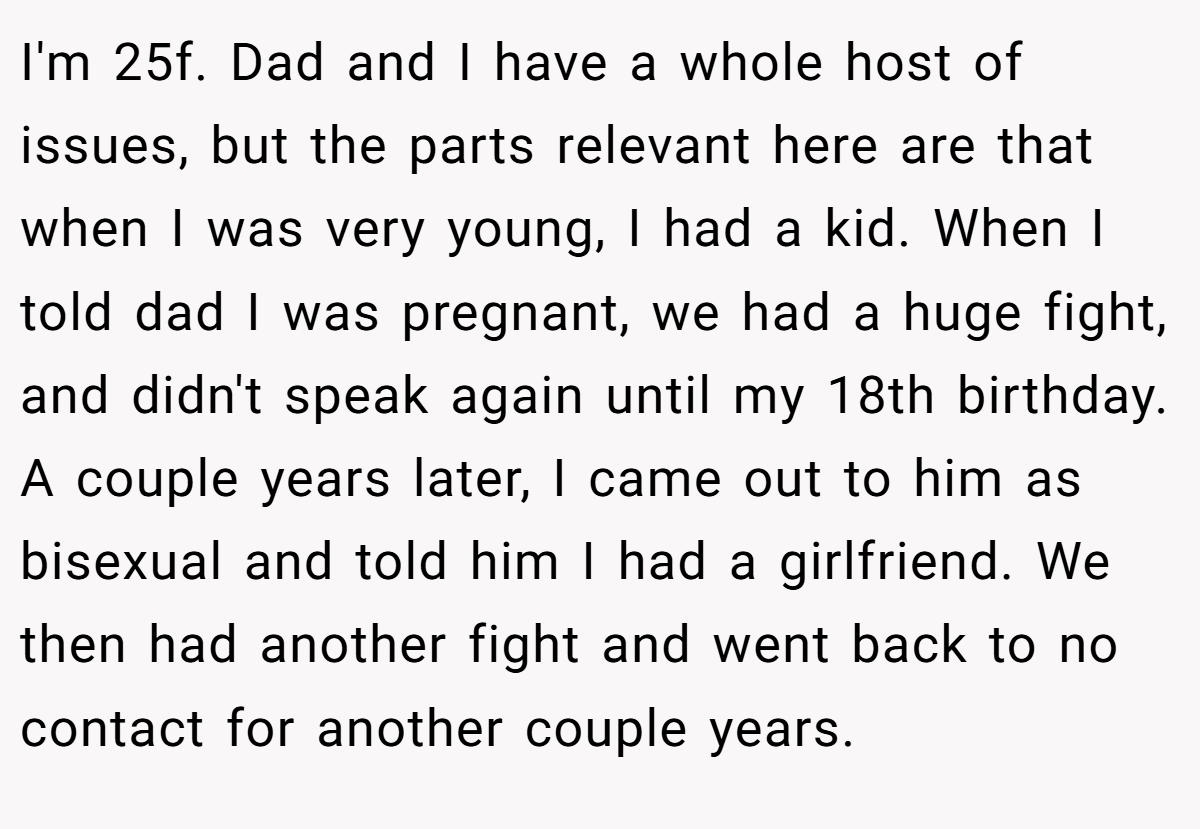 I'm 25f. Dad and I have a whole host of issues, but the parts relevant here are that when I was very young, I had a kid. When I told dad I was pregnant, we had a huge fight, and didn't speak again until my 18th birthday. A couple years later, I came out to him as bisexual and told him I had a girlfriend. We then had another fight and went back to no contact for another couple years.