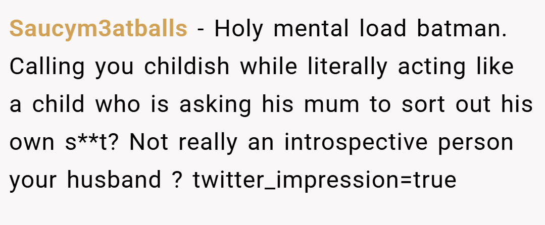 Saucym3atballs − Holy mental load batman. Calling you childish while literally acting like a child who is asking his mum to sort out his own s**t? Not really an introspective person your husband ? twitter_impression=true