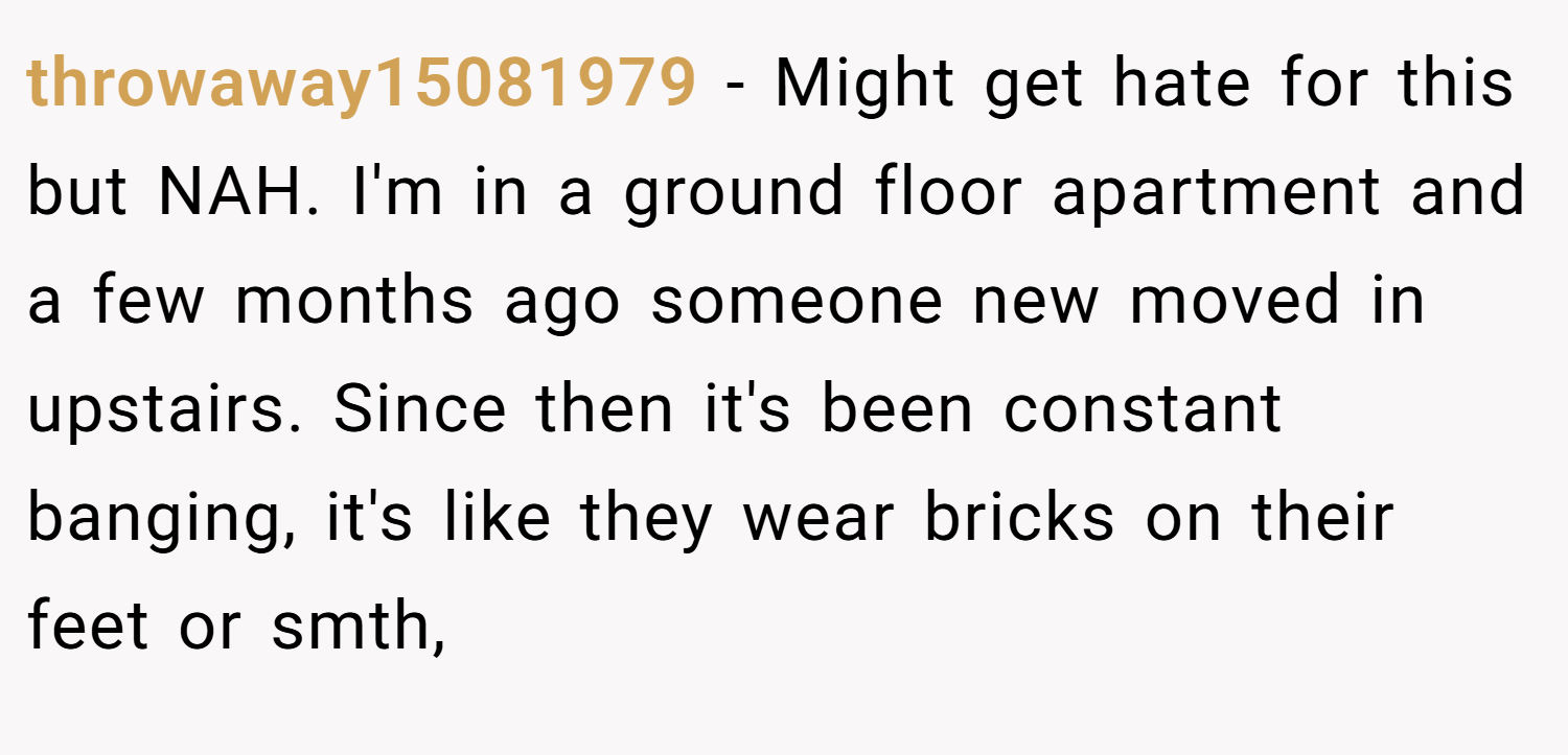 throwaway15081979 − Might get hate for this but NAH. I'm in a ground floor apartment and a few months ago someone new moved in upstairs. Since then it's been constant banging, it's like they wear bricks on their feet or smth,