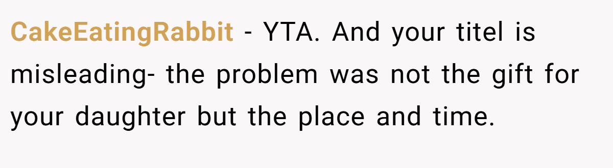 CakeEatingRabbit − YTA. And your titel is misleading- the problem was not the gift for your daughter but the place and time.
