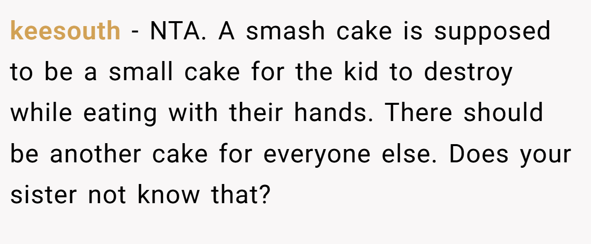 keesouth − NTA. A smash cake is supposed to be a small cake for the kid to destroy while eating with their hands. There should be another cake for everyone else. Does your sister not know that?