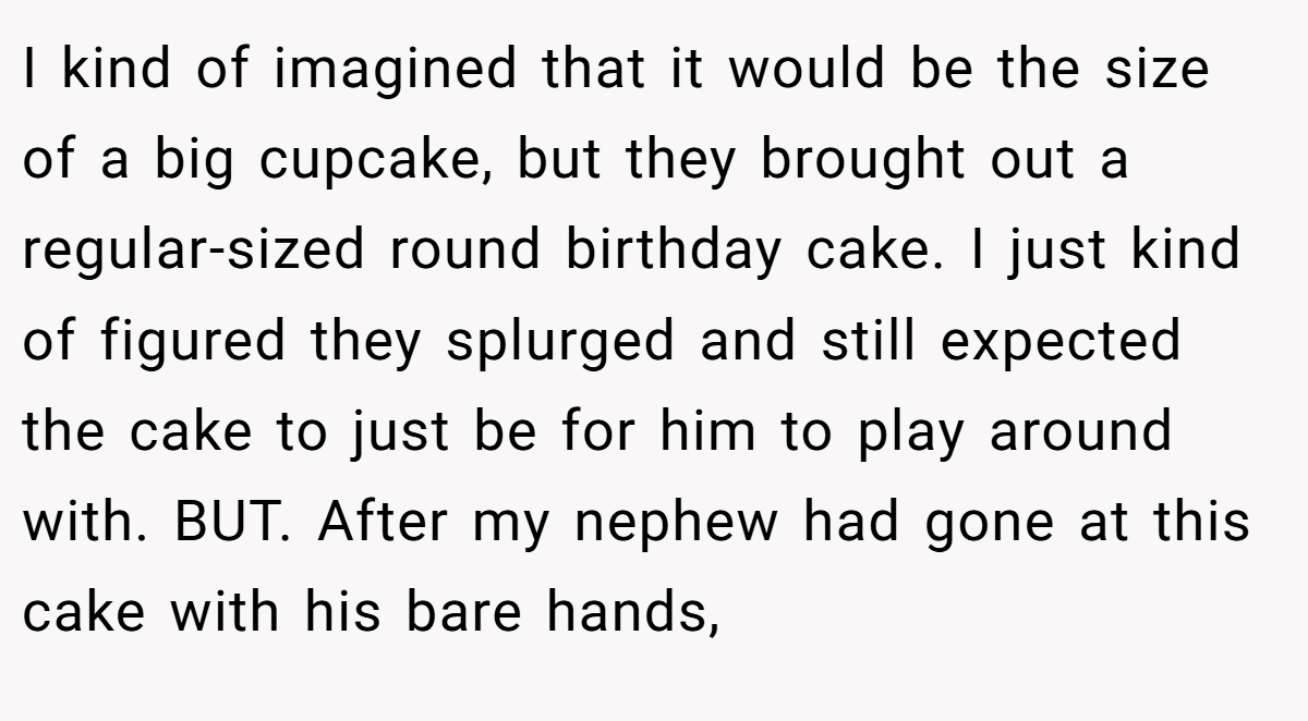 I kind of imagined that it would be the size of a big cupcake, but they brought out a regular-sized round birthday cake. I just kind of figured they splurged and still expected the cake to just be for him to play around with. BUT. After my nephew had gone at this cake with his bare hands,