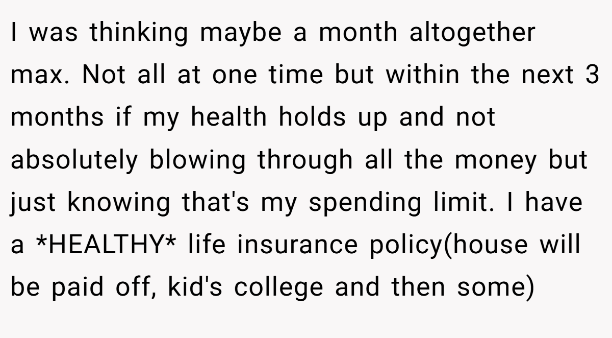 I was thinking maybe a month altogether max. Not all at one time but within the next 3 months if my health holds up and not absolutely blowing through all the money but just knowing that's my spending limit. I have a *HEALTHY* life insurance policy(house will be paid off, kid's college and then some)