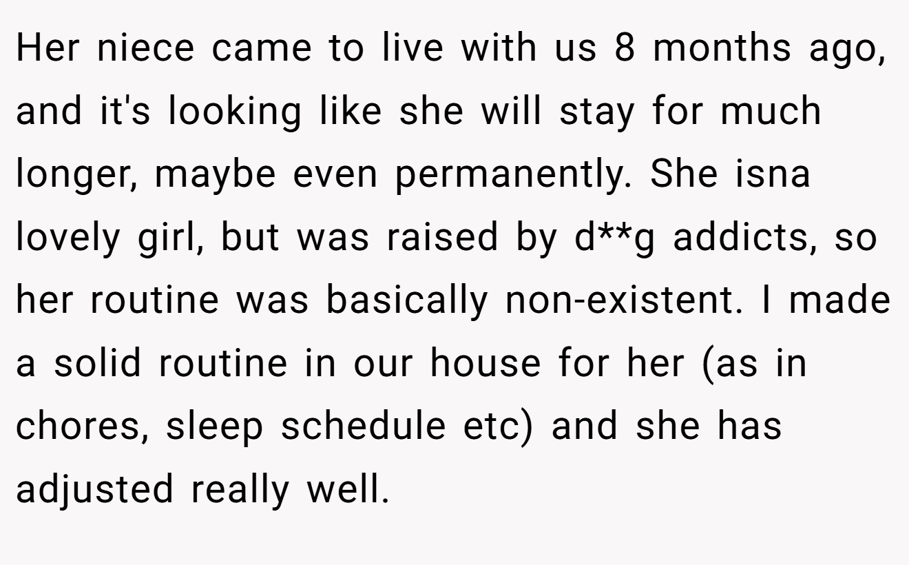 Her niece came to live with us 8 months ago, and it's looking like she will stay for much longer, maybe even permanently. She isna lovely girl, but was raised by d**g addicts, so her routine was basically non-existent. I made a solid routine in our house for her (as in chores, sleep schedule etc) and she has adjusted really well.