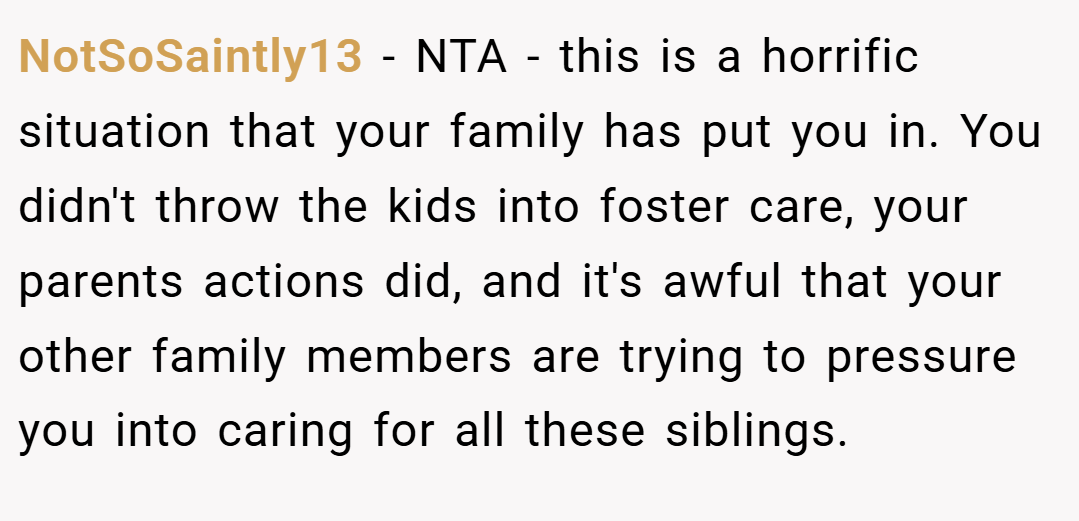 NotSoSaintly13 − NTA - this is a horrific situation that your family has put you in. You didn't throw the kids into foster care, your parents actions did, and it's awful that your other family members are trying to pressure you into caring for all these siblings.