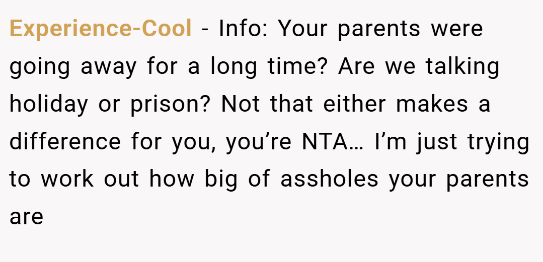 Experience-Cool − Info: Your parents were going away for a long time? Are we talking holiday or prison? Not that either makes a difference for you, you’re NTA… I’m just trying to work out how big of assholes your parents are