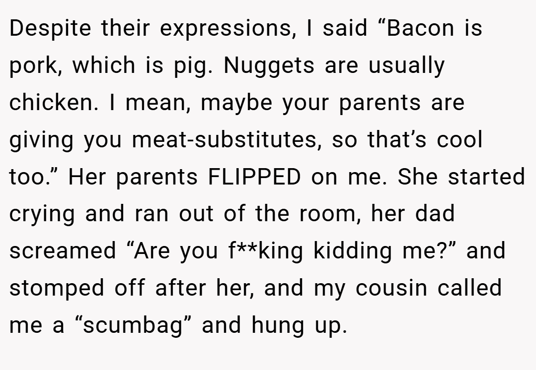 Despite their expressions, I said “Bacon is pork, which is pig. Nuggets are usually chicken. I mean, maybe your parents are giving you meat-substitutes, so that’s cool too.” Her parents FLIPPED on me. She started crying and ran out of the room, her dad screamed “Are you f**king kidding me?” and stomped off after her, and my cousin called me a “scumbag” and hung up.