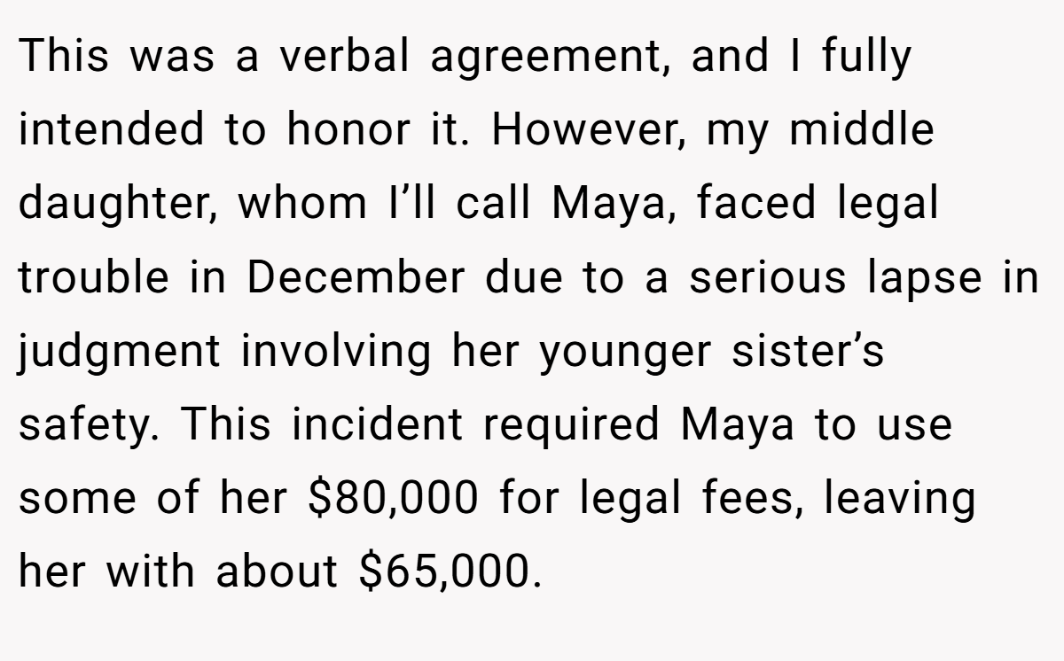 This was a verbal agreement, and I fully intended to honor it. However, my middle daughter, whom I’ll call Maya, faced legal trouble in December due to a serious lapse in judgment involving her younger sister’s safety. This incident required Maya to use some of her $80,000 for legal fees, leaving her with about $65,000.