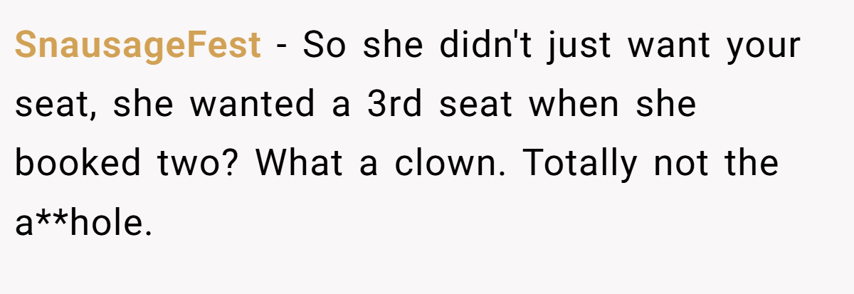 SnausageFest − So she didn't just want your seat, she wanted a 3rd seat when she booked two? What a clown. Totally not the a**hole.