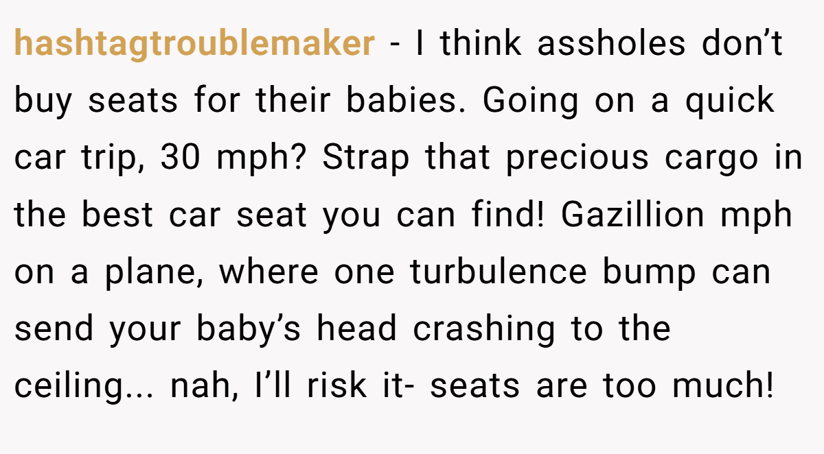 hashtagtroublemaker − I think assholes don’t buy seats for their babies. Going on a quick car trip, 30 mph? Strap that precious cargo in the best car seat you can find! Gazillion mph on a plane, where one turbulence bump can send your baby’s head crashing to the ceiling... nah, I’ll risk it- seats are too much!