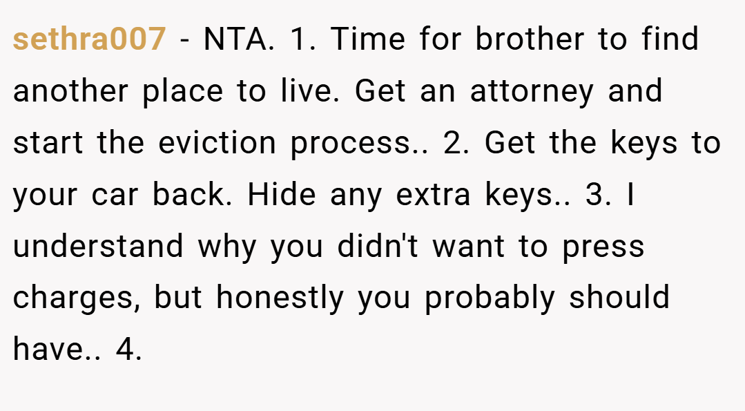 sethra007 − NTA. 1. Time for brother to find another place to live. Get an attorney and start the eviction process.. 2. Get the keys to your car back. Hide any extra keys.. 3. I understand why you didn't want to press charges, but honestly you probably should have.. 4.