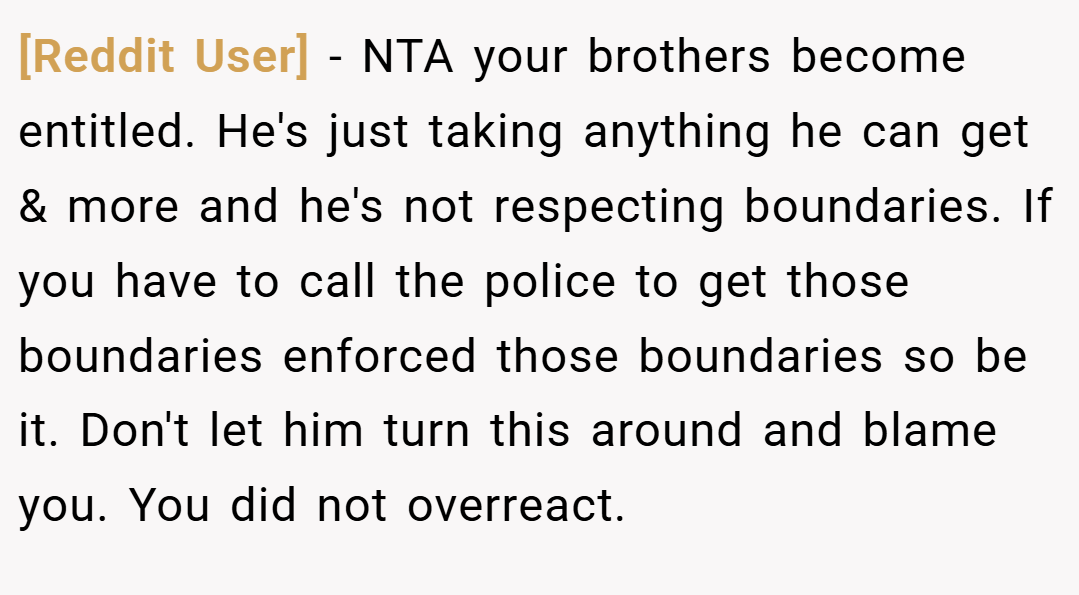 [Reddit User] − NTA your brothers become entitled. He's just taking anything he can get & more and he's not respecting boundaries. If you have to call the police to get those boundaries enforced those boundaries so be it. Don't let him turn this around and blame you. You did not overreact.