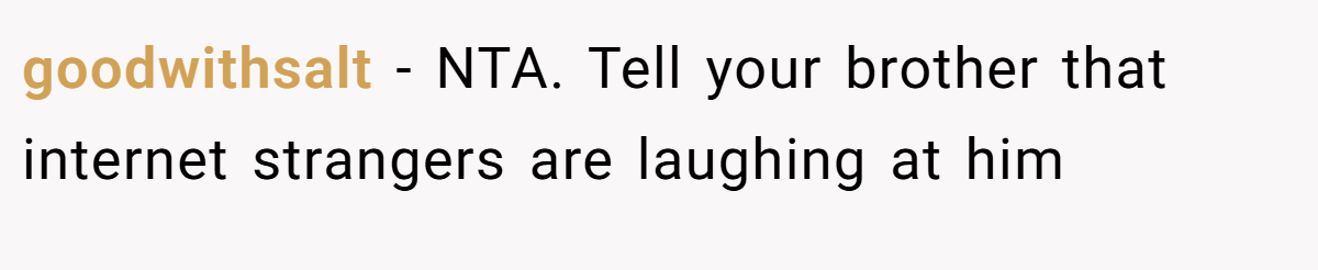 goodwithsalt − NTA. Tell your brother that internet strangers are laughing at him