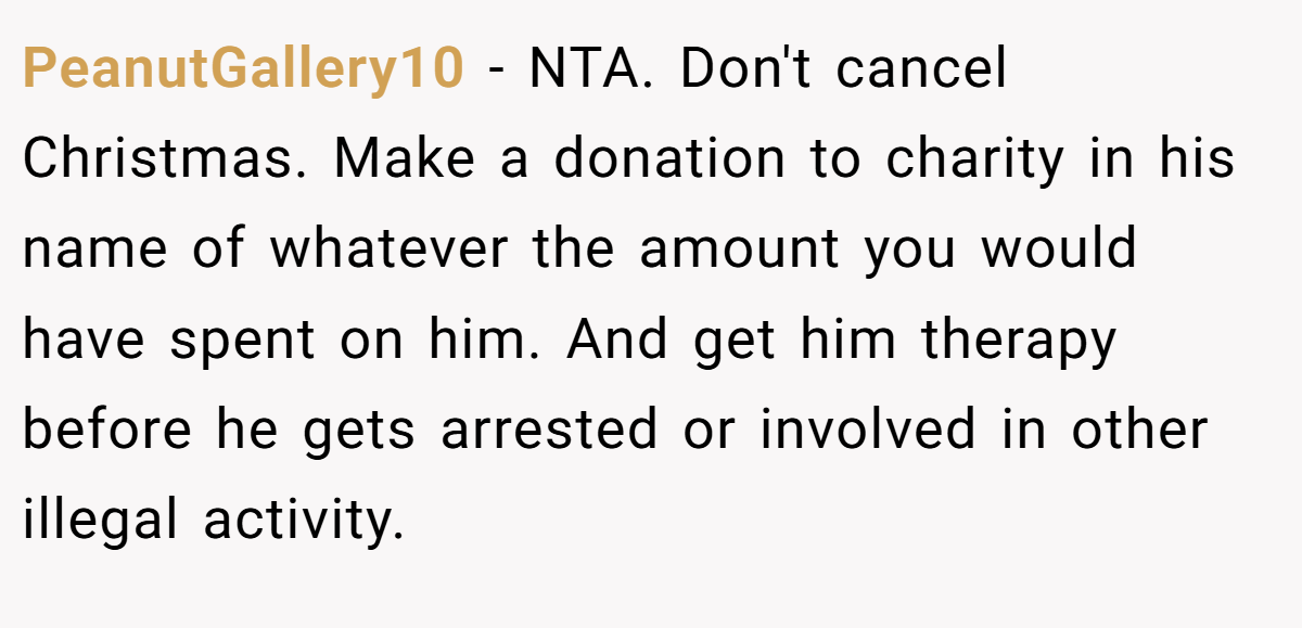 PeanutGallery10 − NTA. Don't cancel Christmas. Make a donation to charity in his name of whatever the amount you would have spent on him. And get him therapy before he gets arrested or involved in other illegal activity.