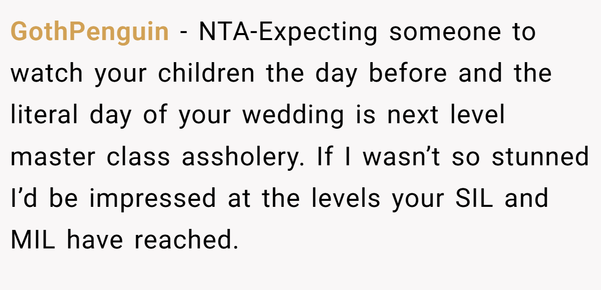 GothPenguin − NTA-Expecting someone to watch your children the day before and the literal day of your wedding is next level master class assholery. If I wasn’t so stunned I’d be impressed at the levels your SIL and MIL have reached.