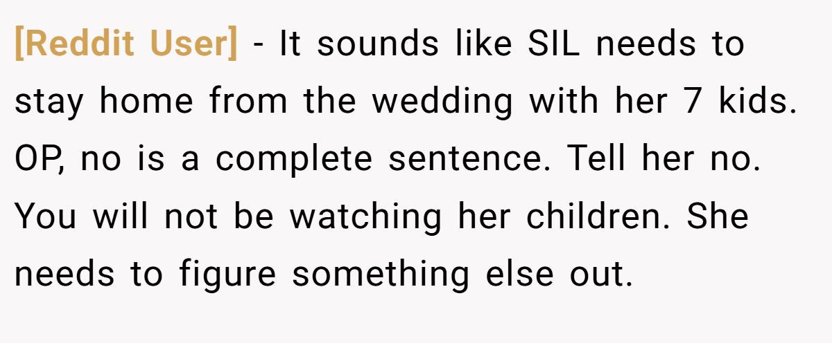 [Reddit User] − It sounds like SIL needs to stay home from the wedding with her 7 kids. OP, no is a complete sentence. Tell her no. You will not be watching her children. She needs to figure something else out.