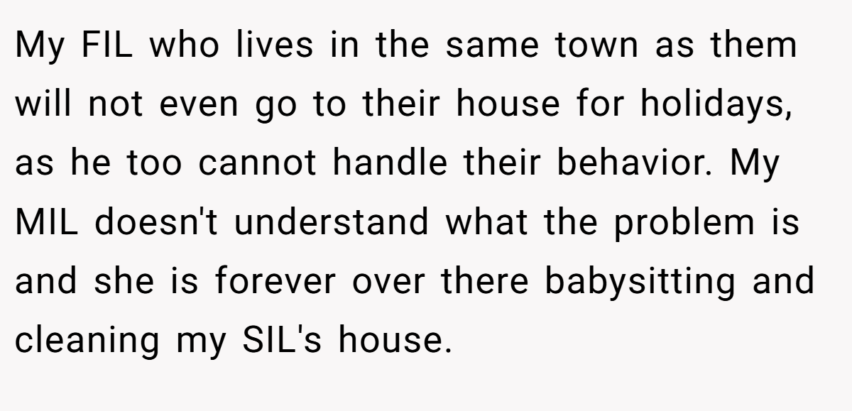 My FIL who lives in the same town as them will not even go to their house for holidays, as he too cannot handle their behavior. My MIL doesn't understand what the problem is and she is forever over there babysitting and cleaning my SIL's house.