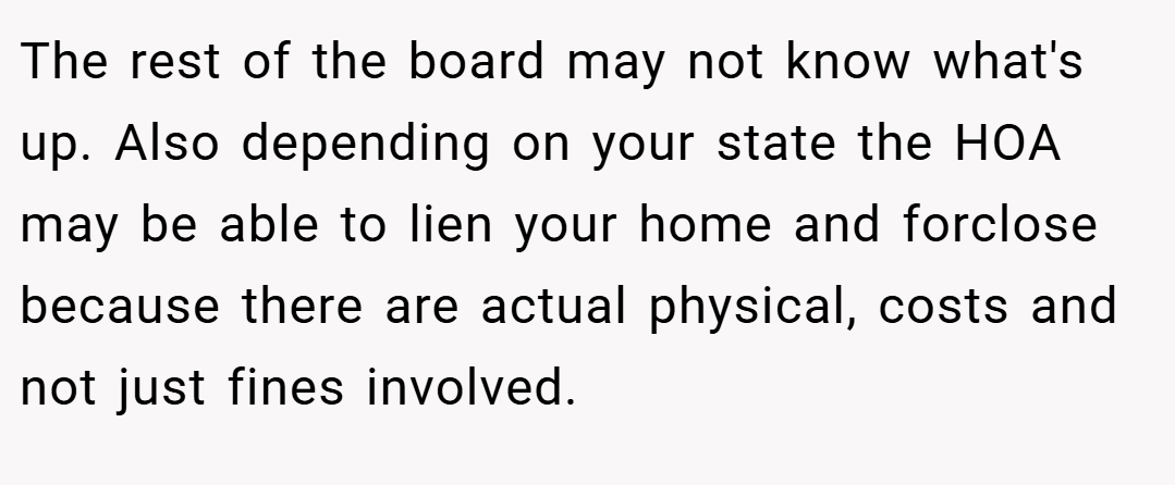 The rest of the board may not know what's up. Also depending on your state the HOA may be able to lien your home and forclose because there are actual physical, costs and not just fines involved.