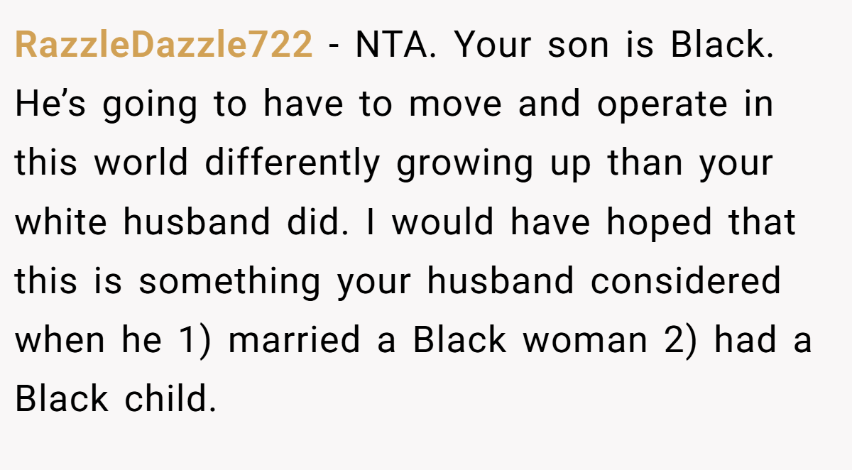 RazzleDazzle722 − NTA. Your son is Black. He’s going to have to move and operate in this world differently growing up than your white husband did. I would have hoped that this is something your husband considered when he 1) married a Black woman 2) had a Black child.