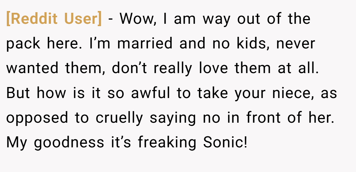 [Reddit User] − Wow, I am way out of the pack here. I’m married and no kids, never wanted them, don’t really love them at all. But how is it so awful to take your niece, as opposed to cruelly saying no in front of her. My goodness it’s freaking Sonic!