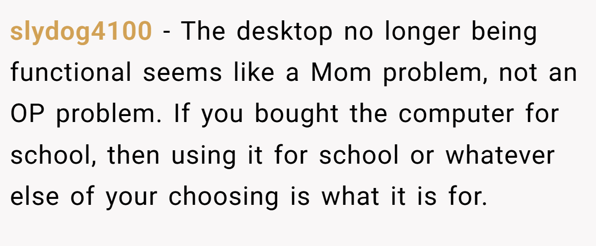 slydog4100 − The desktop no longer being functional seems like a Mom problem, not an OP problem. If you bought the computer for school, then using it for school or whatever else of your choosing is what it is for.