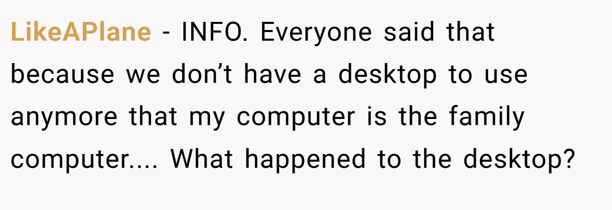 LikeAPlane − INFO. Everyone said that because we don’t have a desktop to use anymore that my computer is the family computer.... What happened to the desktop?