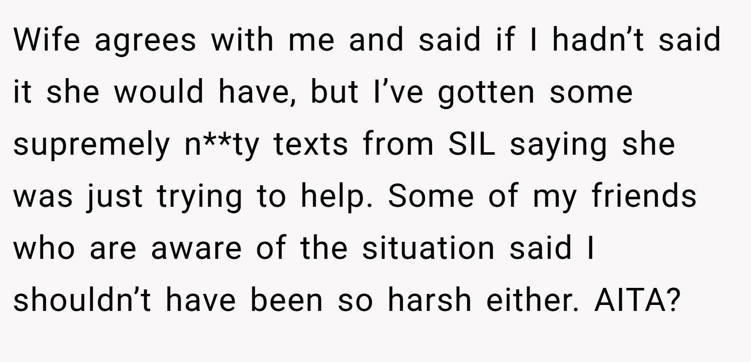 Wife agrees with me and said if I hadn’t said it she would have, but I’ve gotten some supremely n**ty texts from SIL saying she was just trying to help. Some of my friends who are aware of the situation said I shouldn’t have been so harsh either. AITA?