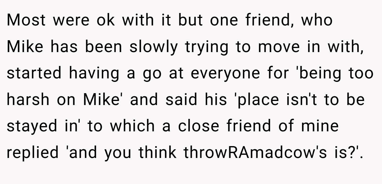 Most were ok with it but one friend, who Mike has been slowly trying to move in with, started having a go at everyone for 'being too harsh on Mike' and said his 'place isn't to be stayed in' to which a close friend of mine replied 'and you think throwRAmadcow's is?'.