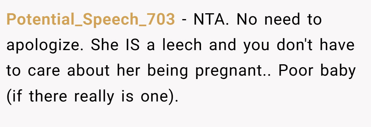Potential_Speech_703 − NTA. No need to apologize. She IS a leech and you don't have to care about her being pregnant.. Poor baby (if there really is one).