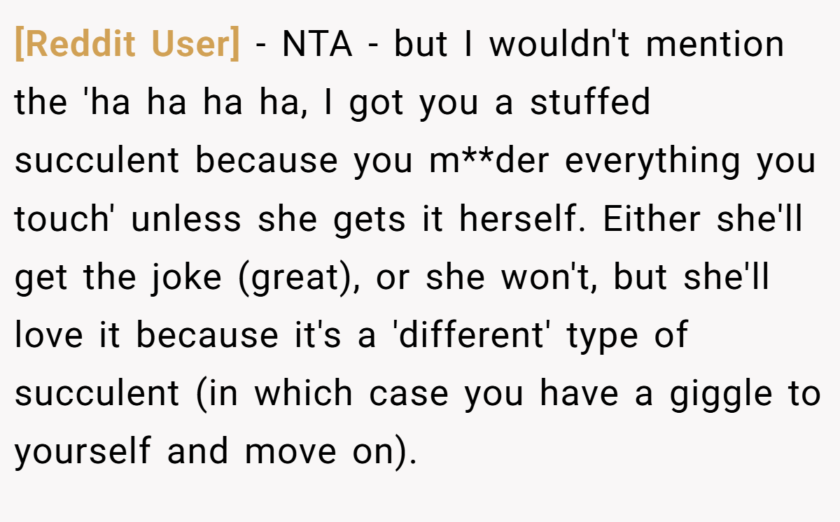 [Reddit User] − NTA - but I wouldn't mention the 'ha ha ha ha, I got you a stuffed succulent because you m**der everything you touch' unless she gets it herself. Either she'll get the joke (great), or she won't, but she'll love it because it's a 'different' type of succulent (in which case you have a giggle to yourself and move on).