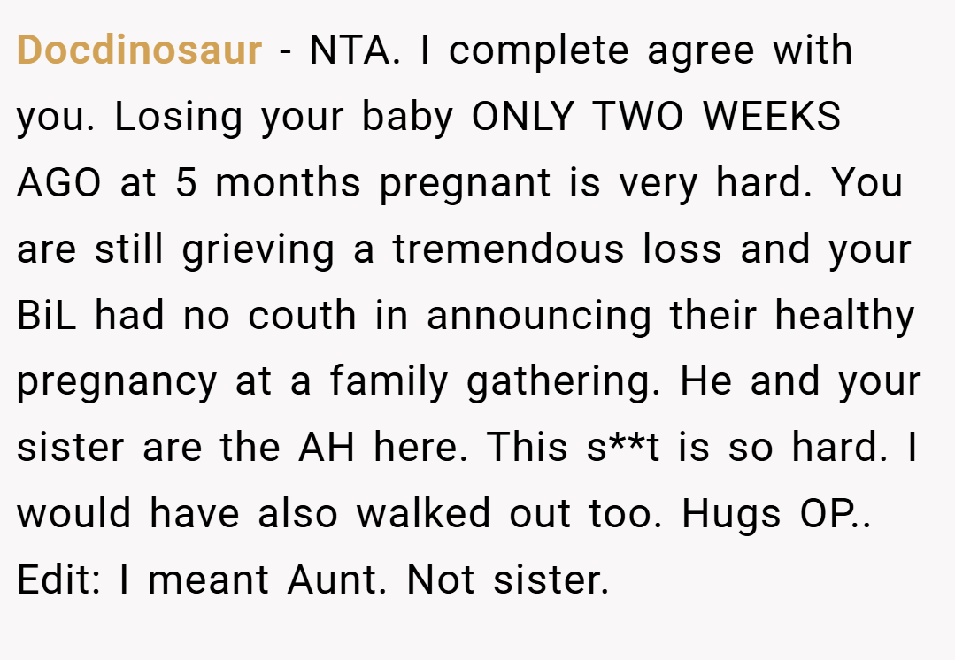 Docdinosaur − NTA. I complete agree with you. Losing your baby ONLY TWO WEEKS AGO at 5 months pregnant is very hard. You are still grieving a tremendous loss and your BiL had no couth in announcing their healthy pregnancy at a family gathering. He and your sister are the AH here. This s**t is so hard. I would have also walked out too. Hugs OP.. Edit: I meant Aunt. Not sister.