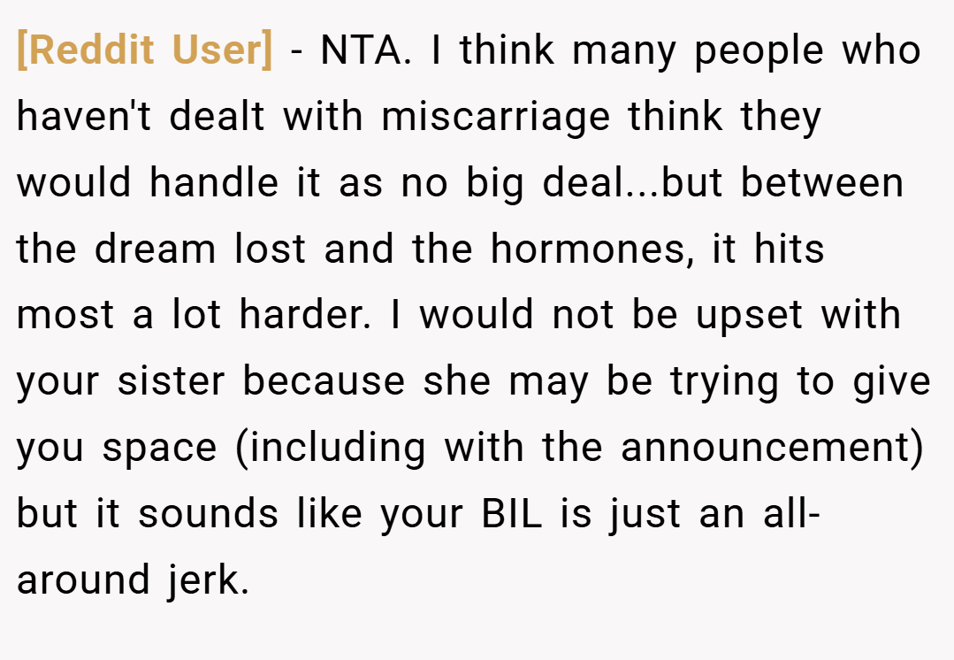 [Reddit User] − NTA. I think many people who haven't dealt with miscarriage think they would handle it as no big deal...but between the dream lost and the hormones, it hits most a lot harder. I would not be upset with your sister because she may be trying to give you space (including with the announcement) but it sounds like your BIL is just an all-around jerk.