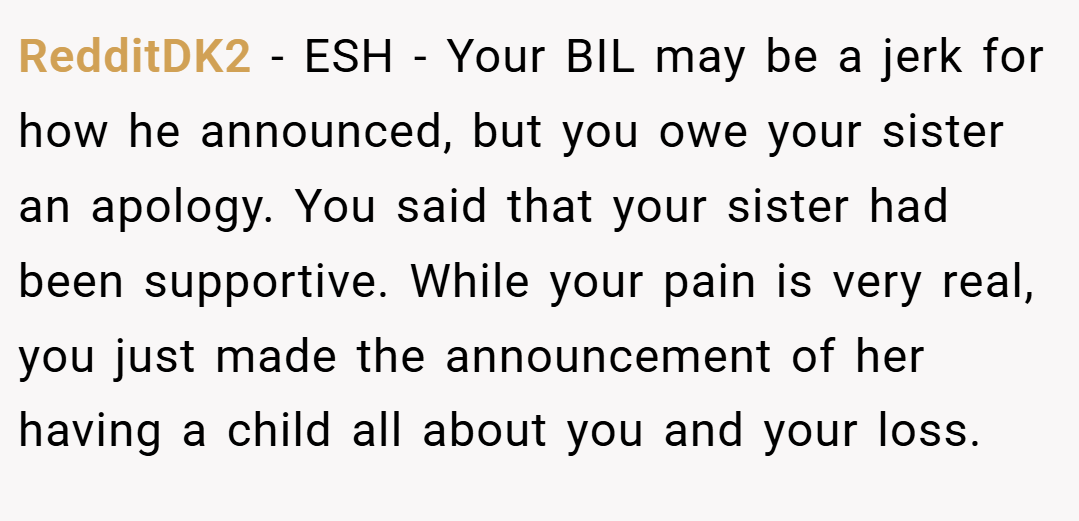 RedditDK2 − ESH - Your BIL may be a jerk for how he announced, but you owe your sister an apology. You said that your sister had been supportive. While your pain is very real, you just made the announcement of her having a child all about you and your loss.