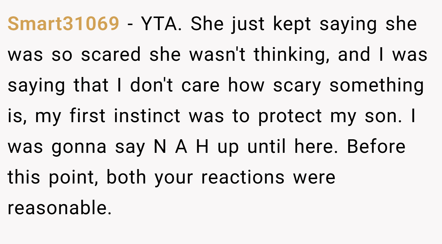 Smart31069 − YTA. She just kept saying she was so scared she wasn't thinking, and I was saying that I don't care how scary something is, my first instinct was to protect my son. I was gonna say N A H up until here. Before this point, both your reactions were reasonable.