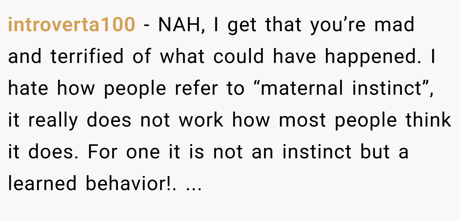 introverta100 − NAH, I get that you’re mad and terrified of what could have happened. I hate how people refer to “maternal instinct”, it really does not work how most people think it does. For one it is not an instinct but a learned behavior!. ...