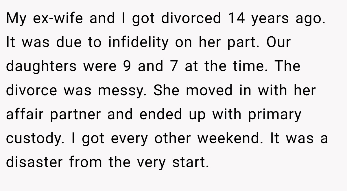 My ex-wife and I got divorced 14 years ago. It was due to infidelity on her part. Our daughters were 9 and 7 at the time. The divorce was messy. She moved in with her affair partner and ended up with primary custody. I got every other weekend. It was a disaster from the very start.