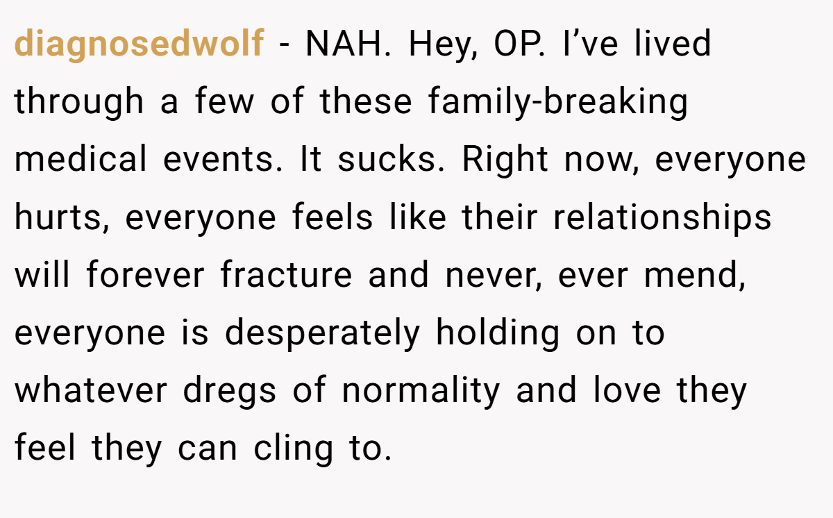 diagnosedwolf − NAH. Hey, OP. I’ve lived through a few of these family-breaking medical events. It sucks. Right now, everyone hurts, everyone feels like their relationships will forever fracture and never, ever mend, everyone is desperately holding on to whatever dregs of normality and love they feel they can cling to.