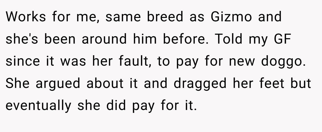 Works for me, same breed as Gizmo and she's been around him before. Told my GF since it was her fault, to pay for new doggo. She argued about it and dragged her feet but eventually she did pay for it.