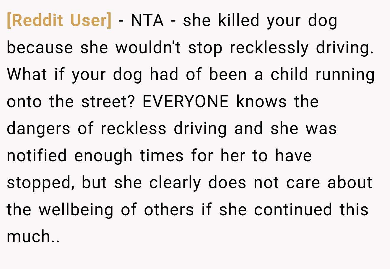[Reddit User] − NTA - she killed your dog because she wouldn't stop recklessly driving. What if your dog had of been a child running onto the street? EVERYONE knows the dangers of reckless driving and she was notified enough times for her to have stopped, but she clearly does not care about the wellbeing of others if she continued this much..