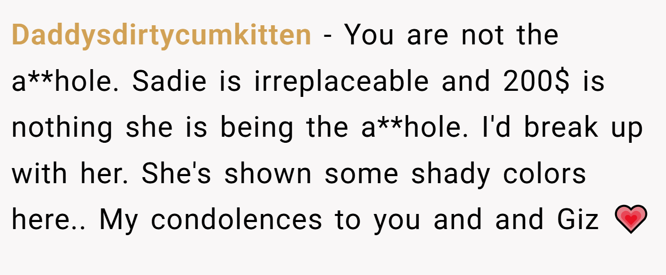 Daddysdirtycumkitten − You are not the a**hole. Sadie is irreplaceable and 200$ is nothing she is being the a**hole. I'd break up with her. She's shown some shady colors here.. My condolences to you and and Giz 💗