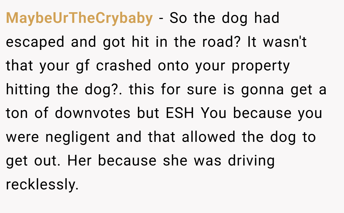 MaybeUrTheCrybaby − So the dog had escaped and got hit in the road? It wasn't that your gf crashed onto your property hitting the dog?. this for sure is gonna get a ton of downvotes but ESH You because you were negligent and that allowed the dog to get out. Her because she was driving recklessly.
