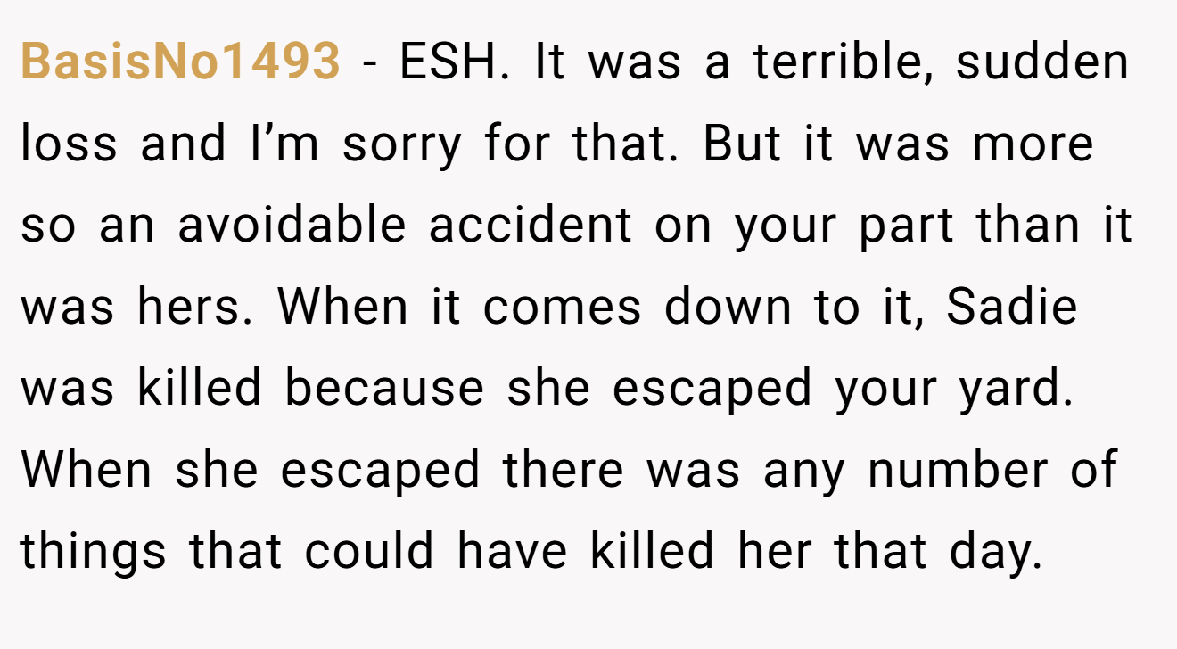 BasisNo1493 − ESH. It was a terrible, sudden loss and I’m sorry for that. But it was more so an avoidable accident on your part than it was hers. When it comes down to it, Sadie was killed because she escaped your yard. When she escaped there was any number of things that could have killed her that day.