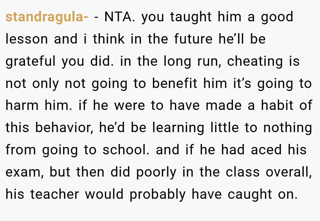 standragula- − NTA. you taught him a good lesson and i think in the future he’ll be grateful you did. in the long run, cheating is not only not going to benefit him it’s going to harm him. if he were to have made a habit of this behavior, he’d be learning little to nothing from going to school. and if he had aced his exam, but then did poorly in the class overall, his teacher would probably have caught on.