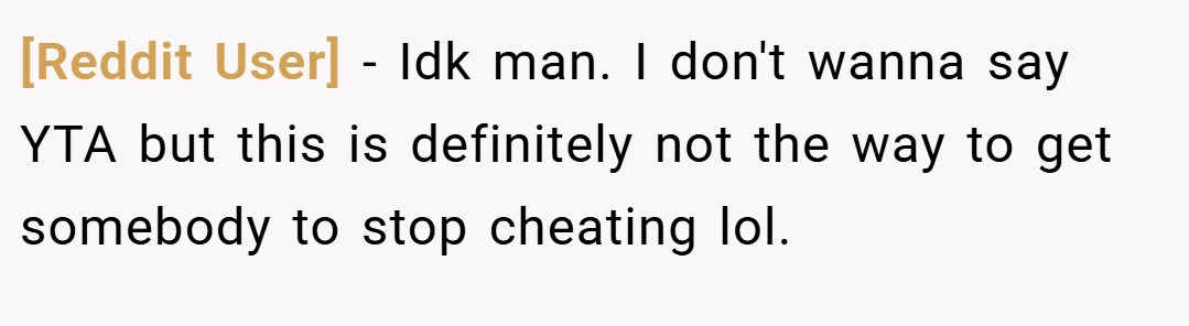 [Reddit User] − Idk man. I don't wanna say YTA but this is definitely not the way to get somebody to stop cheating lol.