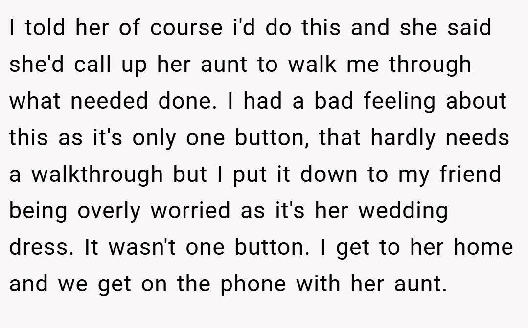 I told her of course i'd do this and she said she'd call up her aunt to walk me through what needed done. I had a bad feeling about this as it's only one button, that hardly needs a walkthrough but I put it down to my friend being overly worried as it's her wedding dress. It wasn't one button. I get to her home and we get on the phone with her aunt.
