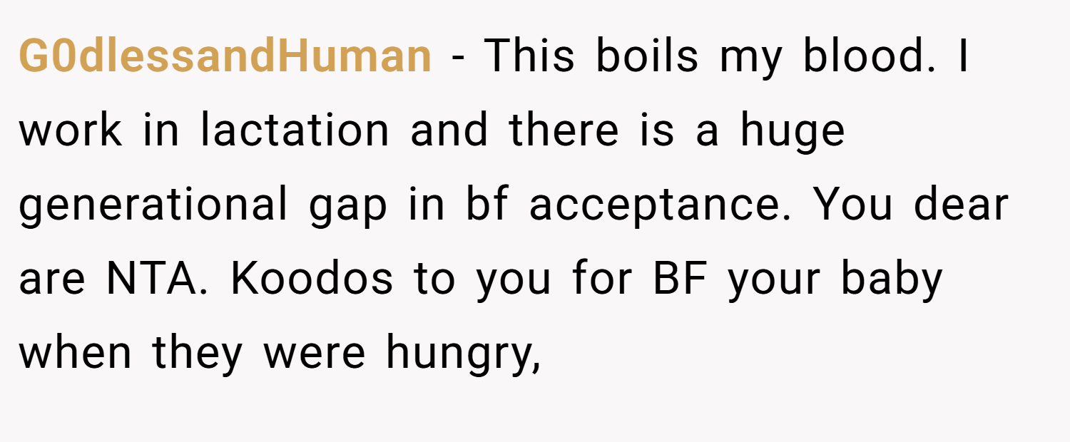 G0dlessandHuman − This boils my blood. I work in lactation and there is a huge generational gap in bf acceptance. You dear are NTA. Koodos to you for BF your baby when they were hungry,