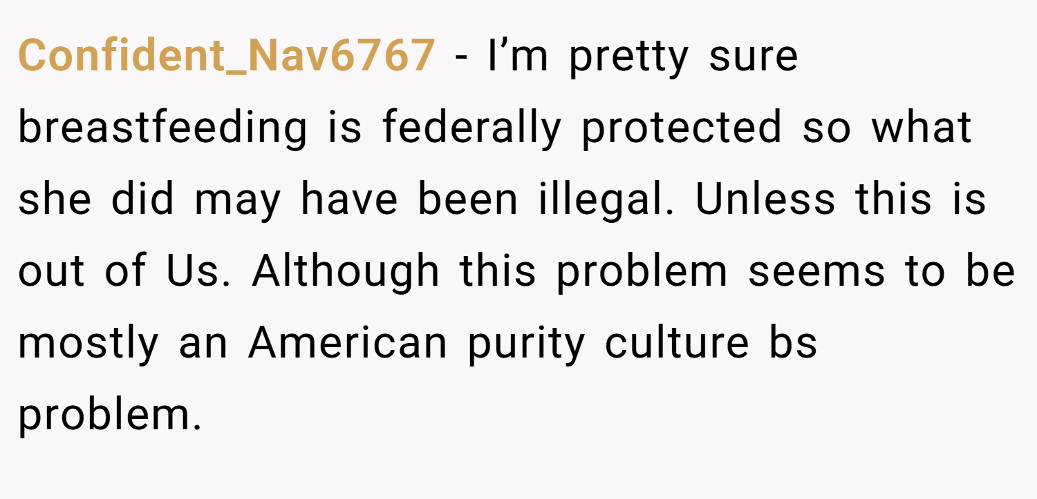 Confident_Nav6767 − I’m pretty sure breastfeeding is federally protected so what she did may have been illegal. Unless this is out of Us. Although this problem seems to be mostly an American purity culture bs problem.