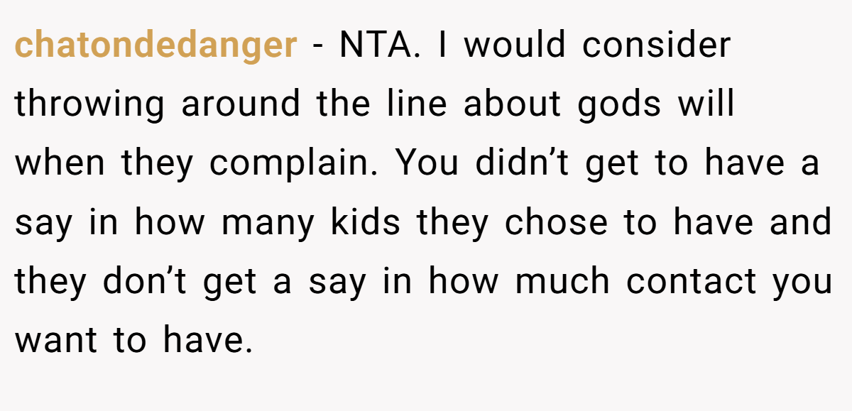 chatondedanger − NTA. I would consider throwing around the line about gods will when they complain. You didn’t get to have a say in how many kids they chose to have and they don’t get a say in how much contact you want to have.