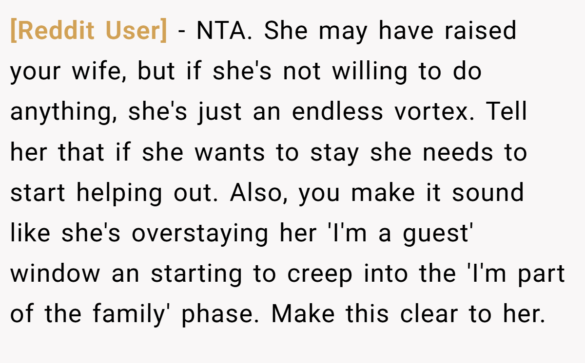 [Reddit User] − NTA. She may have raised your wife, but if she's not willing to do anything, she's just an endless vortex. Tell her that if she wants to stay she needs to start helping out. Also, you make it sound like she's overstaying her 'I'm a guest' window an starting to creep into the 'I'm part of the family' phase. Make this clear to her.